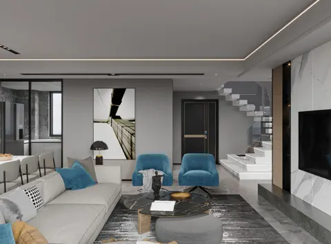 Luxury duplex house interior with premium finishes and custom furniture